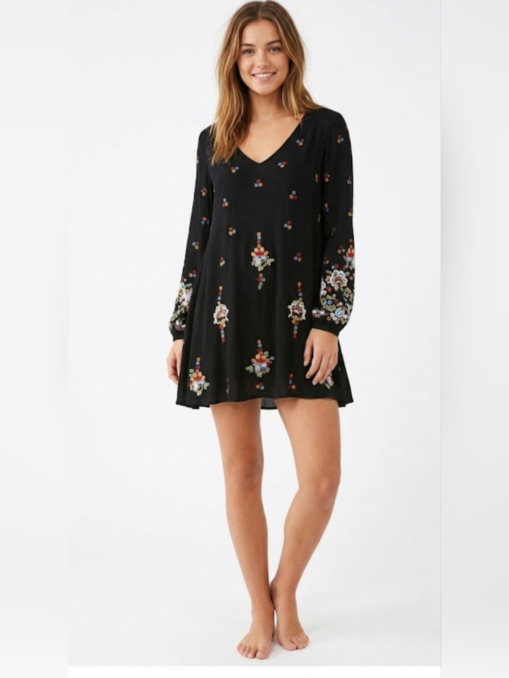 Free People Women's Black Long Sleeve, V Neck, Embroidery Dress Size S.
